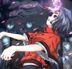  bad_id bad_pixiv_id blouse blue_eyes blue_hair bug butterfly butterfly_on_head cherry_blossoms fang gradient gradient_background hanamaru-s hat high_collar insect leaning_back light_particles miyako_yoshika ofuda open_mouth outstretched_arms ribbon short_hair solo tombstone touhou tree zombie_pose 