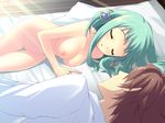  1boy 1girl aqua_hair bed breasts brown_hair cleavage clothed_male_nude_female dendou_akira eyes_closed flyable_heart game_cg hair_ornament highres itou_noiji katsuragi_shou nipples sweatdrop 