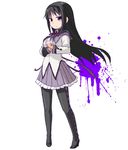  abekawa akemi_homura alternate_breast_size black_hair bow breasts hairband large_breasts long_hair long_sleeves looking_at_viewer magical_girl mahou_shoujo_madoka_magica pantyhose pleated_skirt purple_eyes simple_background skirt solo standing white_background 