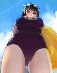  bad_id bad_pixiv_id black_hair blue_eyes blue_sky blush breasts cloud covered_nipples day food from_below goggles goggles_on_head huge_breasts mole mole_on_thigh mouth_hold one-piece_swimsuit original popsicle school_swimsuit short_hair sky solo swimsuit thomas_hewitt 