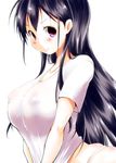  absurdres black_hair blush breasts covered_nipples highres kaizuka large_breasts long_hair looking_at_viewer original panties purple_eyes shirt_tug simple_background solo underwear white_background 