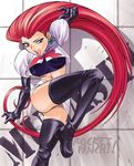  big_hair black_eyes black_legwear boots breasts earrings elbow_gloves gloves hair_slicked_back jewelry jpeg_artifacts kicking large_breasts leg_lift leg_up legs long_hair long_legs midriff miniskirt musashi_(pokemon) open_mouth pierre_norano pokemon pokemon_(anime) pose ranguage red_hair skirt solo team_rocket thigh_boots thighhighs thighs upskirt very_long_hair 