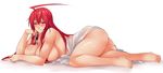  absurdres ahoge ass bad_feet barefoot black-framed_eyewear blush breast_press breasts curvy exaxuxer full_body glasses highres huge_ahoge huge_breasts long_hair lying okine_(okitakung) on_side original plump red_eyes red_hair simple_background solo sweat thick_thighs thighs towel very_long_hair wet white_background 