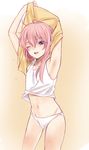  aisakaoto androgynous arms_up blue_eyes hair_down inazuma_eleven_(series) inazuma_eleven_go kirino_ranmaru long_hair male_focus midriff navel no_pants one_eye_closed open_mouth otoko_no_ko panties pink_hair solo standing sweat tank_top underwear undressing 