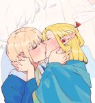  2girls blonde_hair blue_capelet blue_robe blush capelet closed_eyes commentary dohwa110 dungeon_meshi elf falin_touden falin_touden_(tallman) french_kiss half_up_braid hand_in_another's_hair hand_on_another's_face highres kiss long_hair marcille_donato multiple_girls pointy_ears robe short_hair symbol-only_commentary upper_body yuri 