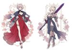  2girls ankle_wrap armor artoria_pendragon_(fate) black_dress black_footwear black_thighhighs blonde_hair bow bracer breasts brown_hair caliburn_(fate) cleavage cleavage_cutout clothing_cutout collage detached_collar dress embroidery fashion fate_(series) floral_background flower full_body greaves hair_bun high_heels holding holding_sword holding_weapon juliet_sleeves large_breasts lemon89h long_hair long_sleeves looking_at_viewer low_ponytail multiple_girls original parted_bangs pauldrons pelvic_curtain pink_lips pink_nails ponytail puffy_sleeves purple_flower purple_rose red_dress red_flower red_rose rose saber_alter shoulder_armor sidelocks standing stiletto_heels sword thighhighs very_long_hair waist_cape wavy_hair weapon white_bow yellow_eyes yellow_footwear 