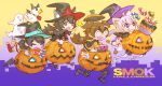 4girls animal_ear_fluff animal_ears bird black_capelet black_hair black_hoodie black_shirt black_skirt braid brown_hair capelet cat_ears cat_girl cat_tail chibi coke-bottle_glasses dress duck fang ghost glasses halloween_costume hat highres holding holding_wand hololive hood hoodie inugami_korone inugami_korone_(1st_costume) long_hair multicolored_hair multiple_girls nakayama_tooru nekomata_okayu nekomata_okayu_(1st_costume) ookami_mio ookami_mio_(1st_costume) oozora_subaru oozora_subaru_(1st_costume) pants pleated_skirt pumpkin purple_eyes purple_hair red_hair round_eyewear shirt short_hair skirt streaked_hair tail tongue tongue_out two-tone_hair virtual_youtuber wand white_dress white_pants witch_hat wolf_ears wolf_girl wolf_tail 