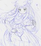  blush bow breasts crescent dress hair_bow hat hat_ribbon kasuga_yukihito large_breasts long_hair monochrome nipples no_bra panties patchouli_knowledge ribbon sketch solo striped tears torn_clothes torn_dress touhou traditional_media underwear vertical_stripes 