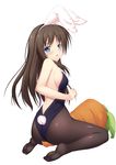  animal_ears ass backless_outfit bare_back blue_eyes breasts brown_hair bunny_ears bunny_tail bunnysuit carrot from_behind highres ippanhei_(blood-blood) legs long_hair looking_back medium_breasts original pantyhose sideboob simple_background sitting solo tail wariza white_background 