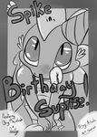  blush condom cover_page dragon english_text filled_condom friendship_is_magic greyscale looking_at_viewer male monochrome my_little_pony party_hat saurian_(artist) scalie solo spike_(mlp) text 