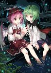  animal_ears antennae bug cape danzero dress earrings fingernails green_hair hat jewelry multiple_girls mystia_lorelei nail_polish open_mouth pink_eyes pink_hair red_eyes sharp_fingernails short_hair shorts single_earring sitting smile soaking_feet touhou water wings wriggle_nightbug 