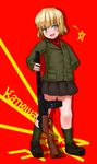  :d bad_id bad_pixiv_id bangs black_footwear black_legwear black_skirt blonde_hair blue_eyes blush cyrillic drum_magazine emblem fang full_body girls_und_panzer green_eyes green_jacket gun hand_on_hip holding holding_weapon jacket katyusha loafers long_sleeves looking_at_viewer miniskirt open_mouth pleated_skirt ppsh-41 pravda_(emblem) pravda_school_uniform red_background red_shirt russian satsuki_neko school_uniform shirt shoes short_hair skirt smile socks solo standing star submachine_gun turtleneck uniform weapon 