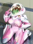  bodysuit breasts bukkake cleavage clothed clothing cum cum_on_breasts cum_on_clothes cum_on_face female gloves gundam hair helmet human kneeling looking_at_viewer male mammal messy neena_trinity(character) not_furry open_mouth red_hair skinsuit solo spacesuit straight text tight_clothing uzushio watermark yellow_eyes 