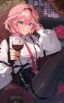  1girl alcohol ascot black_choker black_gloves black_pantyhose black_shorts choker crossed_legs cup double-parted_bangs drinking_glass fingerless_gloves flower gloves hair_between_eyes hairband head_rest high-waist_shorts highres holding holding_cup hololive long_sleeves pantyhose pink_hair puffy_long_sleeves puffy_sleeves rose shirt short_hair shorts single_fingerless_glove sirom sitting solo suspenders takane_lui takane_lui_(1st_costume) thigh_strap virtual_youtuber white_shirt wine wine_glass 