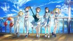  5girls absurdres arm_strap armband bare_shoulders bass_guitar black_hair blonde_hair blue_eyes blue_neckerchief blue_sky brown_hair closed_eyes cloud cloudy_sky collared_dress collared_shirt commentary_request copyright_name cropped_shirt crypton_future_media dress electric_guitar fender_jazz_bass frilled_dress frills full_body green_eyes grey_hair grin guitar hair_ornament hairband hairclip handrail highres hinomori_shiho holding holding_guitar holding_instrument hoshino_ichika_(project_sekai) instrument kagamine_rin karanagare leaning_forward leo/need_(project_sekai) leo/need_rin lifebuoy long_hair looking_at_viewer looking_back mochizuki_honami multiple_girls neckerchief ocean official_alternate_costume official_art open_mouth pants piapro pier pink_hair platform_footwear platform_heels pleated_skirt project_sekai purpose_(vocaloid) red_eyes shirt side_ponytail skirt sky sleeveless sleeveless_shirt smile standing stick_to_your_faith_(project_sekai) swept_bangs swim_ring teeth tenma_saki twintails upper_teeth_only water white_dress white_footwear white_hairband white_pants white_skirt 