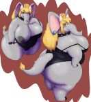 alternative_fashion anthro big_breasts big_butt blonde_hair breasts butt clothing collar crown ear_piercing ear_ring elephant elephant_bowser elephantid female goth hair headgear hi_res lazy_dogg0 long_hair looking_back mammal nipples one-piece_swimsuit overweight overweight_anthro overweight_female piercing proboscidean ring_piercing simple_background solo standing swimwear
