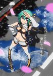  alternate_costume aquarion_(series) aquarion_evol bare_shoulders boots breasts camera cleavage_cutout cloud green_hair hair_ribbon highres large_breasts midriff moon_reflection navel panties petals powercat_(buster9) puddle purple_eyes ribbon road short_hair short_shorts shorts smile solo standing street thighhighs translated underwear white_legwear wrist_cuffs wristband zessica_wong 