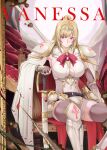  1girl armor armored_boots belt blonde_hair boots breasts cape chicke_iii cleavage_cutout clothing_cutout expressionless fingerless_gloves gloves highres large_breasts little_witch_nobeta long_hair looking_at_viewer official_art red_eyes sitting solo sword thighhighs tiara vanessa_(little_witch_nobeta) weapon 