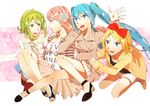 4girls :d absurdres alternate_costume aqua_eyes aqua_hair blonde_hair blue_eyes blue_skirt bow braid collarbone eye_contact female flower french_braid green_eyes green_hair gumi hair_bow hair_flower hair_ornament hatsune_miku highres kagamine_rin legs_together long_hair long_sleeves looking_at_another looking_at_viewer megurine_luka multiple_girls neck open_mouth pink_hair pink_skirt polka_dot red_bow rose round_teeth shiny shiny_hair short_hair short_shorts shorts skirt smile star striped twintails vocaloid white_rose white_skirt yukariki 
