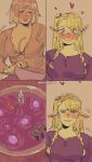  absurdres blonde_hair breasts cleavage dungeon_meshi falin_touden falin_touden_(tallman) food highres large_breasts marcille_donato one_side_up pikmin_(creature) pikmin_(series) pointy_ears red_pikmin soup strawderrystart yuri 