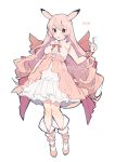  1girl animal_ears artist_name back_bow bangs blue_eyes bow breasts clefable creatures_(company) female frilled_skirt frills full_body game_freak gen_1_pokemon hand_up happy ikeuchi_tanuma knees_together_feet_apart long_hair looking_at_viewer medium_breasts nintendo number open_mouth outline personification pink_footwear pink_hair pink_shirt pokemon pokemon_number shiny shiny_hair shirt shoes simple_background skirt sleeveless sleeveless_shirt smile socks solo standing twitter_username watermark white_background white_legwear white_skirt 
