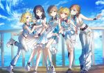  5girls absurdres armband black_hair blonde_hair blue_eyes blue_neckerchief blue_sky brown_hair cloud cloudy_sky collared_dress collared_shirt commentary_request copyright_name cropped_shirt crypton_future_media dress frilled_dress frills full_body green_eyes grey_hair hair_ornament hairband hairclip highres hinomori_shiho hoshino_ichika_(project_sekai) kagamine_rin karanagare leaning_forward leo/need_(project_sekai) leo/need_rin long_hair looking_at_viewer mochizuki_honami multiple_girls neckerchief ocean official_alternate_costume official_art pants piapro pier pink_hair platform_footwear platform_heels pleated_skirt project_sekai purpose_(vocaloid) red_eyes shirt side_ponytail skirt sky sleeveless sleeveless_shirt standing stick_to_your_faith_(project_sekai) swept_bangs tenma_saki twintails water white_dress white_footwear white_hairband white_pants white_skirt 