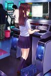  2boys arcade bag beatmania beatmania_iidx bemani brown_eyes brown_hair highres jubeat megimegyo multiple_boys pastel-kun playing_games sailor_collar school_bag school_uniform serafuku skirt 