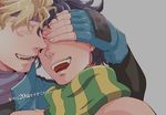  black_hair blonde_hair caesar_anthonio_zeppeli close-up closed_eyes colored_eyelashes cover cover_page covering_eyes doujin_cover facial_mark fingerless_gloves fingernails gloves hand_on_another's_head hands jojo_no_kimyou_na_bouken joseph_joestar_(young) laughing male_focus multiple_boys open_mouth pink_background scarf striped striped_clothes striped_scarf vertical_stripes yumiya 
