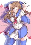  arms_behind_head blue_eyes blush breasts brown_hair cape castlevania charlotte_aulin cleavage lips long_hair medium_breasts nikke_(cherish) one_eye_closed pose skirt solo star thighhighs zettai_ryouiki 