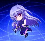  ahoge blue_eyes blue_hair blush blush_stickers breasts chibi fingerless_gloves gloves hair_ornament holding_hands kano-0724 light_smile long_hair lyrical_nanoha magical_girl mahou_shoujo_lyrical_nanoha mahou_shoujo_lyrical_nanoha_a's mahou_shoujo_lyrical_nanoha_the_movie_2nd_a's minigirl multiple_girls red_eyes reinforce reinforce_zwei silver_hair sleeveless 