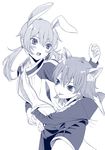  aisakaoto animal_ears blush bunny_ears cat_ears hug hug_from_behind inazuma_eleven_(series) inazuma_eleven_go kariya_masaki kirino_ranmaru male_focus monochrome multiple_boys open_mouth simple_background twintails white_background 