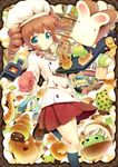 1girl :&lt; aikei_ake bakery blue_eyes blush bread brown_hair chef_hat chef_uniform chocolate_cornet drill_hair food furnace hat loafers original oven_mitts ringlets rolling_pin shoes shop skirt smile standing standing_on_one_leg themed_object thighhighs toque_blanche twin_drills twintails 