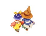  1boy 1girl black_mage_(final_fantasy) blue_coat blue_hair bodysuit boots bow brown_footwear coat commentary eiko_carol facing_away final_fantasy final_fantasy_ix from_above full_body hair_bow hat highres horns mini_wings nodoka0707 overalls pants pink_bodysuit red_sweater short_hair single_horn striped_clothes striped_pants sweater vivi_ornitier walking white_background wings wizard_hat yellow_bow yellow_overalls 