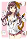  animal_costume animal_hood breasts calico cat_costume cat_hood cleavage hands_in_pockets hat hat_with_ears hood hoodie large_breasts long_hair long_sleeves looking_at_viewer mahjong matsumi_kuro open_mouth purple_eyes purple_hair saki saki_achiga-hen smile solo umekichi unzipped v_arms 