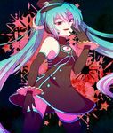  akasata aqua_hair bad_id bad_pixiv_id dress gears hat hatsune_miku headset long_hair peaked_cap project_diva_(series) project_diva_f red_eyes sadistic_music_factory_(vocaloid) solo thighhighs twintails very_long_hair vocaloid 