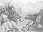  2boys armor beard big_nose braid braided_beard bubble chain collar commentary_request dragon facial_hair glaring greyscale how_to_train_your_dragon_(series) long_beard looking_at_another male_focus monochrome multiple_boys mustache spiked_gauntlets stoick_the_vast suzuki_rika toothless underwater very_long_beard 