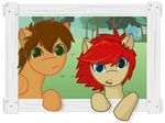  alpha_channel blue_eyes brown_fur brown_hair duo eightysix equine female feral fourth_wall fur green_eyes hair horse looking_at_viewer male mammal my_little_pony orange_fur original_character outside pegasus pony red_hair rocket_grace white_lightning wings 