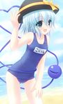  :d adjusting_clothes adjusting_hat aqua_eyes blue_eyes blush bow collarbone eyebrows hat hat_bow highres komeiji_koishi one-piece_swimsuit open_mouth school_swimsuit shimotsuki_keisuke short_hair smile solo swimsuit third_eye touhou water 