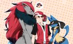  1boy agemono ash_ketchum black_hair blue_eyes blush breasts brown_eyes brown_hair canine eyes_closed female fox hair hat human interspecies jacket lucario male mammal nintendo pok&#233;mon pok&#233;mon_trainer pokemon pokemon_trainer red_(pok&#233;mon) red_(pokemon) red_eyes satoshi_(pokemon) size_difference video_games young zoroark 