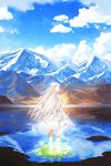  closed_eyes cloud dress lake long_hair mountain original scenery sky solo toichi_(ik07) water white_hair 