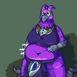 2020 2_horns 5_fingers anthro avian barefoot beak belly bird black_body black_scales bottomwear bre_maggus breasts cel_shading clothed clothing deep_navel digital_media_(artwork) feathers feet female fingers green_background green_eyes hand_on_belly horn jellybru jewelry kneeling loincloth low_res navel overweight overweight_anthro overweight_female pixel_(artwork) portrait pupils purple_body purple_bottomwear purple_clothing purple_feathers purple_loincloth purple_topwear rumbling_stomach scales scuted_arms scuted_feet scutes shaded shadow simple_background solo talons three-quarter_view toes topwear