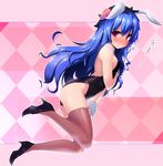  alternate_costume animal_ears argyle argyle_background bare_shoulders blue_hair blush bunny_ears bunnysuit detached_collar dot_r fishnet_legwear fishnets full_body hat high_heels hinanawi_tenshi leotard long_hair red_eyes shoes solo tears thighhighs touhou uu~ wavy_mouth 