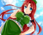  blue_eyes braid breasts hat hong_meiling large_breasts long_hair red_hair shironeko_yuuki smile solo touhou twin_braids 