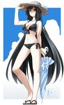  bikini black_bikini black_hair breasts cleavage closed_umbrella flip-flops green_eyes hand_on_headwear hat highres inaka_keikou large_breasts long_hair lowleg lowleg_bikini navel original sandals sho_yayoi side-tie_bikini solo straw_hat swimsuit umbrella very_long_hair 