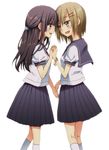  :d backlighting black_hair blonde_hair brown_eyes eye_contact hair_ornament hairclip holding_hands interlocked_fingers kneehighs long_hair looking_at_another multiple_girls nakamura_hinato open_mouth original school_uniform short_hair skirt smile white_background white_legwear yuri 