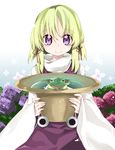  blonde_hair flower frog hair_ribbon hat hat_basket hat_removed headwear_removed holding holding_hat in_hat moriya_suwako oinari_(tensaizoku) purple_eyes ribbon short_hair smile solo touhou 