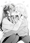  2girls blush closed_eyes commentary greyscale hand_on_another&#039;s_head highres izumi_shiho long_hair long_sleeves lwmina70119 medium_hair mizuguchi_aki monochrome multiple_girls nail_polish one_side_up pantyhose sasayaku_you_ni_koi_wo_utau sidelocks skirt sweatdrop sweater yuri 