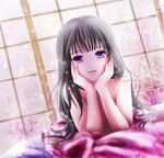  afterglow black_hair dutch_angle head_rest houraisan_kaguya light_particles light_smile lips long_hair looking_at_viewer lying on_bed on_stomach purple_eyes sliding_doors solo topless touhou tsukiori_sasa 
