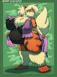  anthro anthrofied arcanine areola big_breasts black_nose blue_eyes bobert breasts butt canine chubby cleavage clothed clothing dog erect_nipples female fluffy fur hair huge_breasts long_hair looking_at_viewer mammal nintendo nipples nude plain_background pok&#233;mon pok&#233;morph pok&eacute;mon presenting smile solo standing towel video_games 