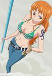  1girl bare_shoulders belt bikini_top black_eyes bracelet breasts cleavage denim fishman_island full_body hand_on_hip highres hips jeans jewelry large_breasts legs long_hair looking_away midriff nami nami_(one_piece) navel one_piece orange_hair pants pirate pose posing smoke solo staff standing tattoo thighs weapon 
